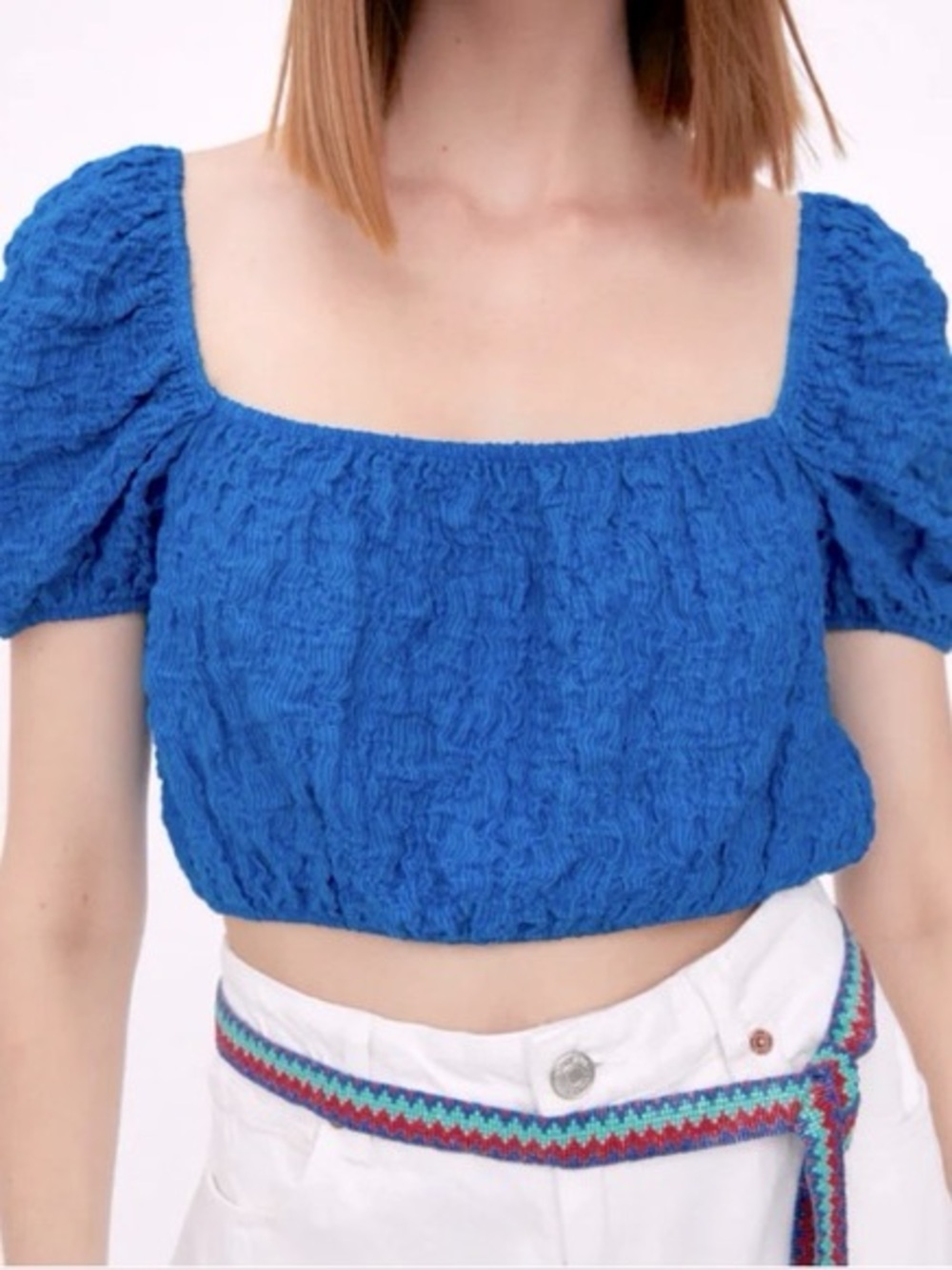Zara Blue Puff Sleeve Crop Top